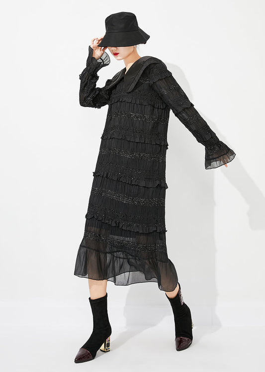 Women Black Peter Pan Collar Ruffled Patchwork Wrinkled Long Dress Spring LY0884 - fabuloryshop