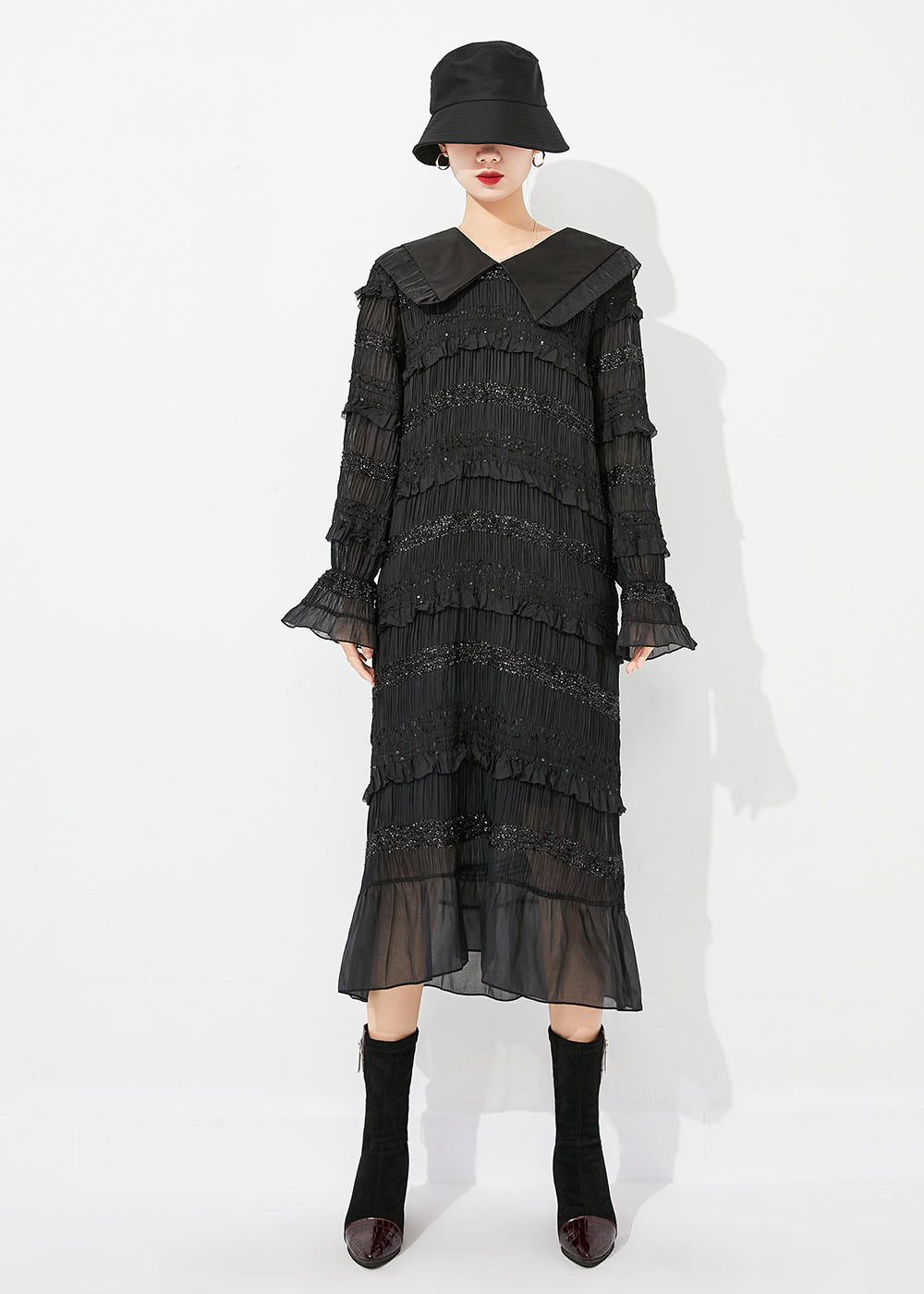 Women Black Peter Pan Collar Ruffled Patchwork Wrinkled Long Dress Spring LY0884 - fabuloryshop