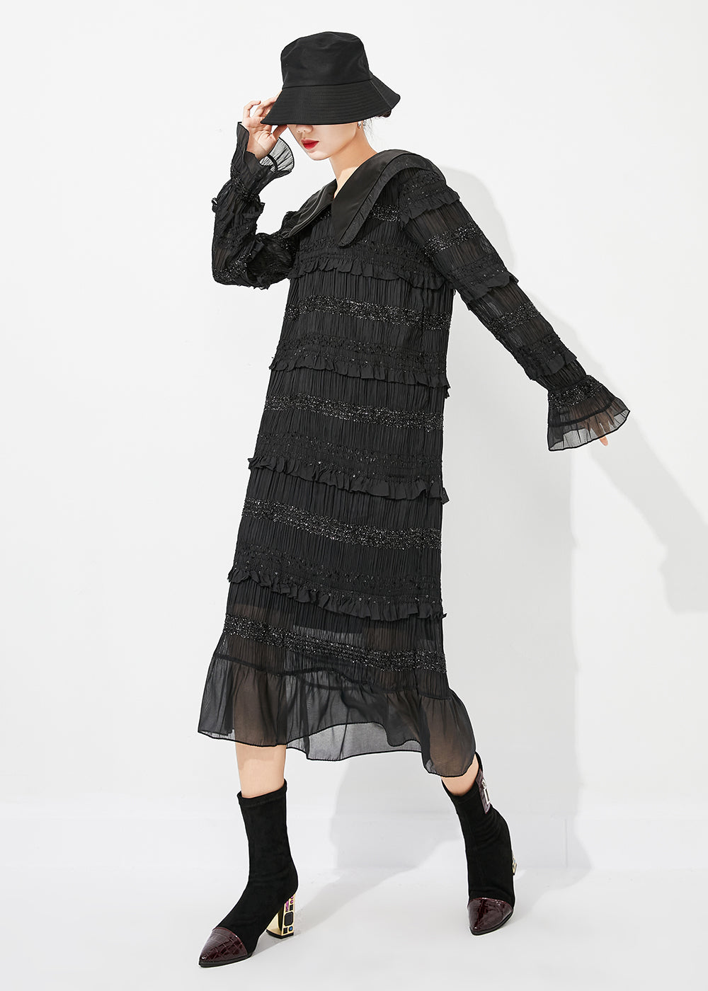 Women Black Peter Pan Collar Ruffled Patchwork Wrinkled Long Dress Spring LY0884 - fabuloryshop