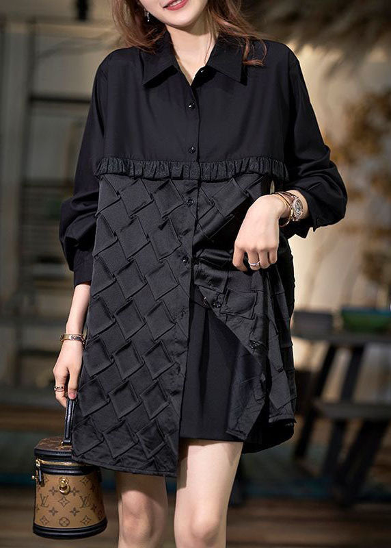 Women Black Peter Pan Collar Wrinkled Patchwork Cotton Shirt Top Spring LY3855 - fabuloryshop