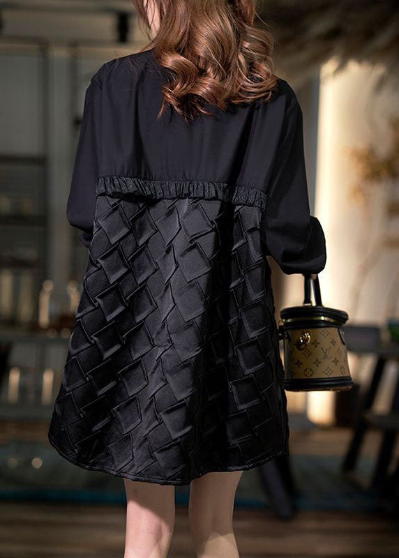 Women Black Peter Pan Collar Wrinkled Patchwork Cotton Shirt Top Spring LY3855 - fabuloryshop