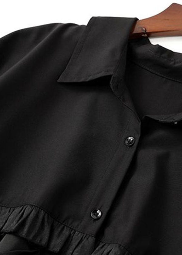 Women Black Peter Pan Collar Wrinkled Patchwork Cotton Shirt Top Spring LY3855 - fabuloryshop