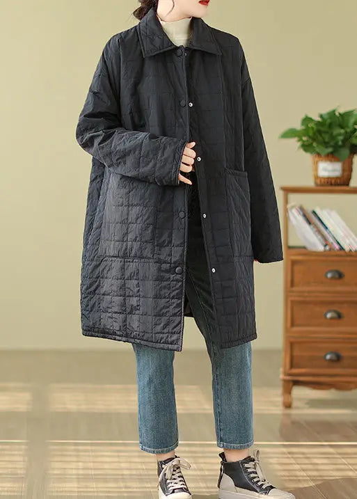 Women Black Pockets Button Patchwork Fine Cotton Filled Coat Winter Ada Fashion