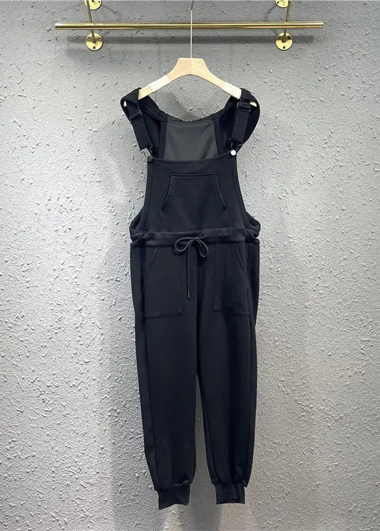 Women Black Pockets Drawstring Patchwork Cotton Overalls Jumpsuit Fall Ada Fashion