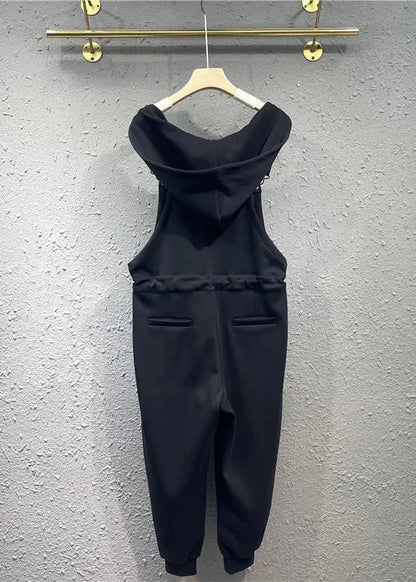 Women Black Pockets Drawstring Patchwork Cotton Overalls Jumpsuit Fall Ada Fashion