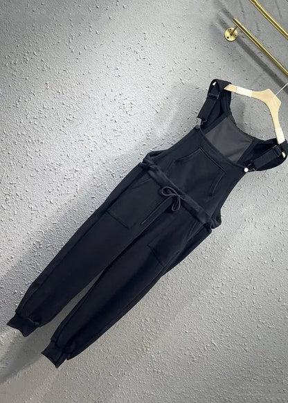 Women Black Pockets Drawstring Patchwork Cotton Overalls Jumpsuit Fall Ada Fashion