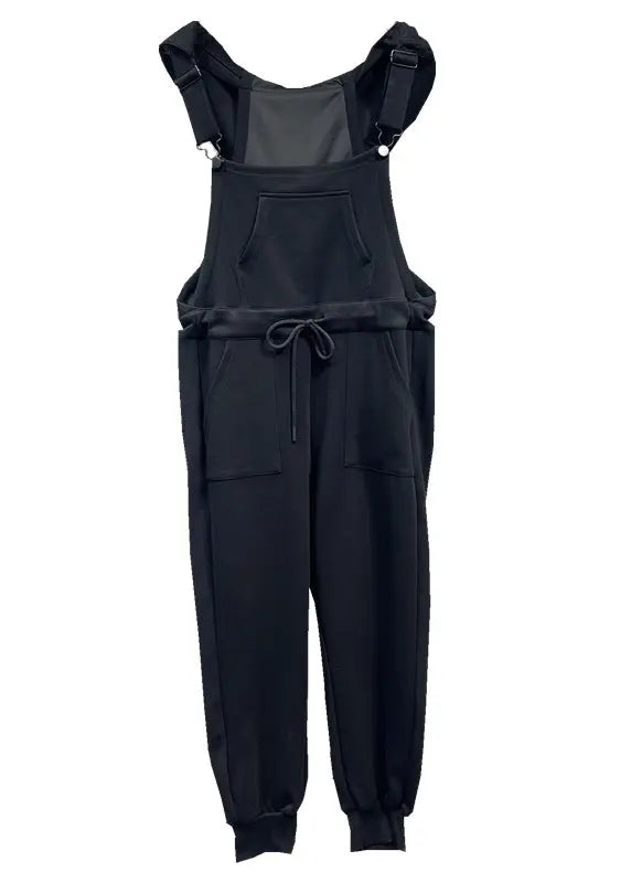 Women Black Pockets Drawstring Patchwork Cotton Overalls Jumpsuit Fall Ada Fashion