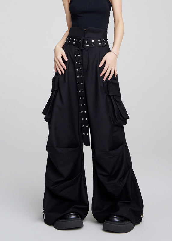 Women Black Pockets High Waist Patchwork Cotton Pants Fall Ada Fashion