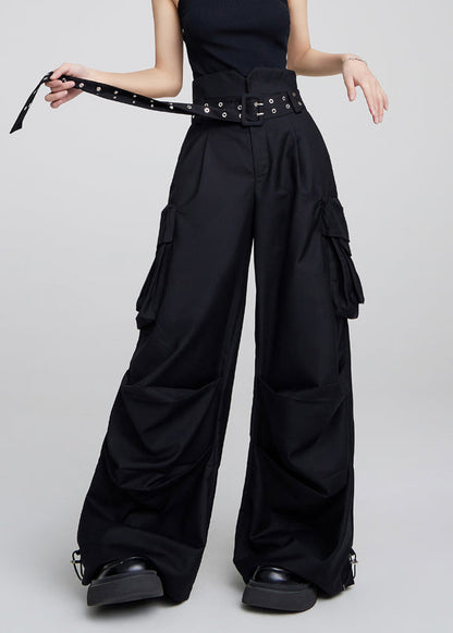 Women Black Pockets High Waist Patchwork Cotton Pants Fall Ada Fashion