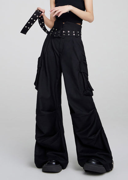 Women Black Pockets High Waist Patchwork Cotton Pants Fall Ada Fashion