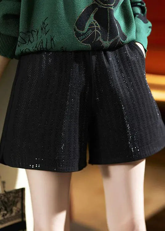 Women Black Pockets Zircon Patchwork Cotton Shorts Fall Ada Fashion