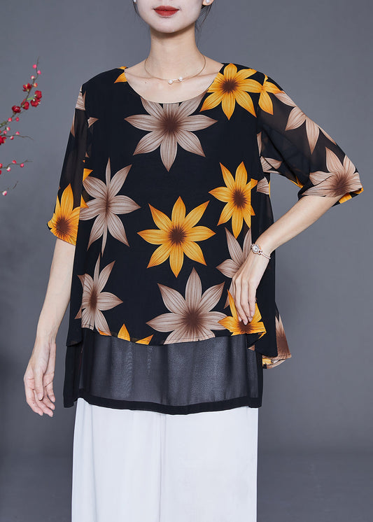 Women Black Print Patchwork Chiffon Fake Two Piece Shirt Tops Summer LY4822 - fabuloryshop