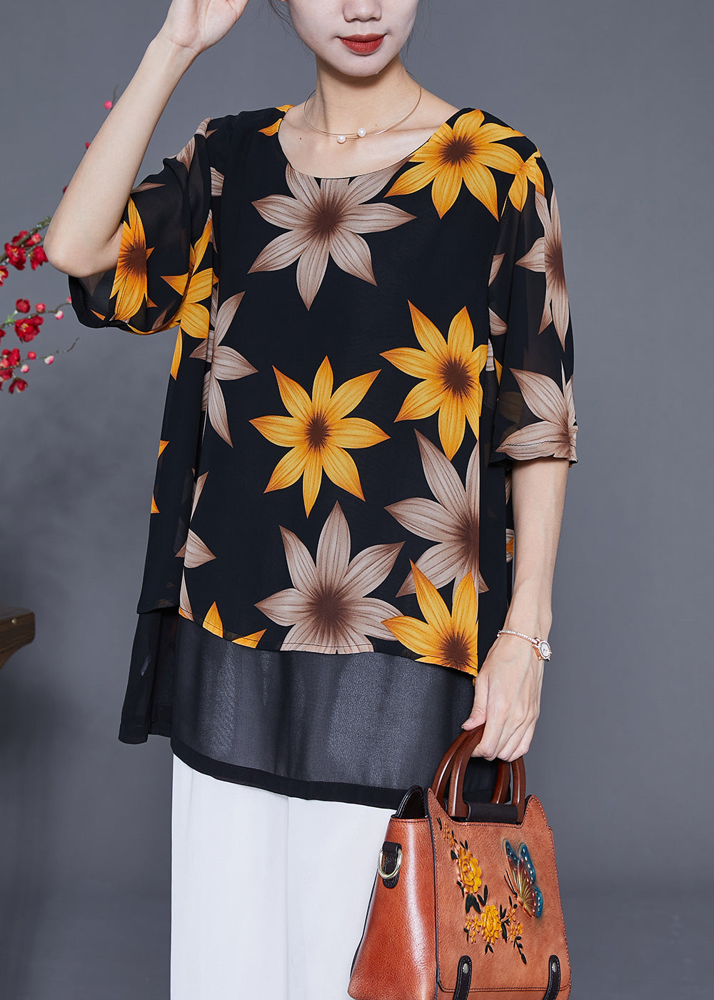 Women Black Print Patchwork Chiffon Fake Two Piece Shirt Tops Summer LY4822 - fabuloryshop