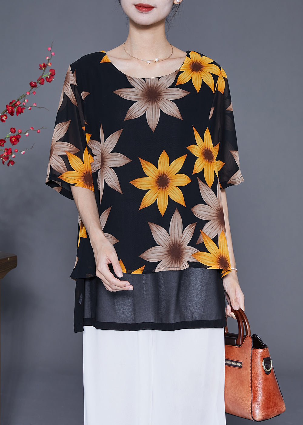 Women Black Print Patchwork Chiffon Fake Two Piece Shirt Tops Summer LY4822 - fabuloryshop