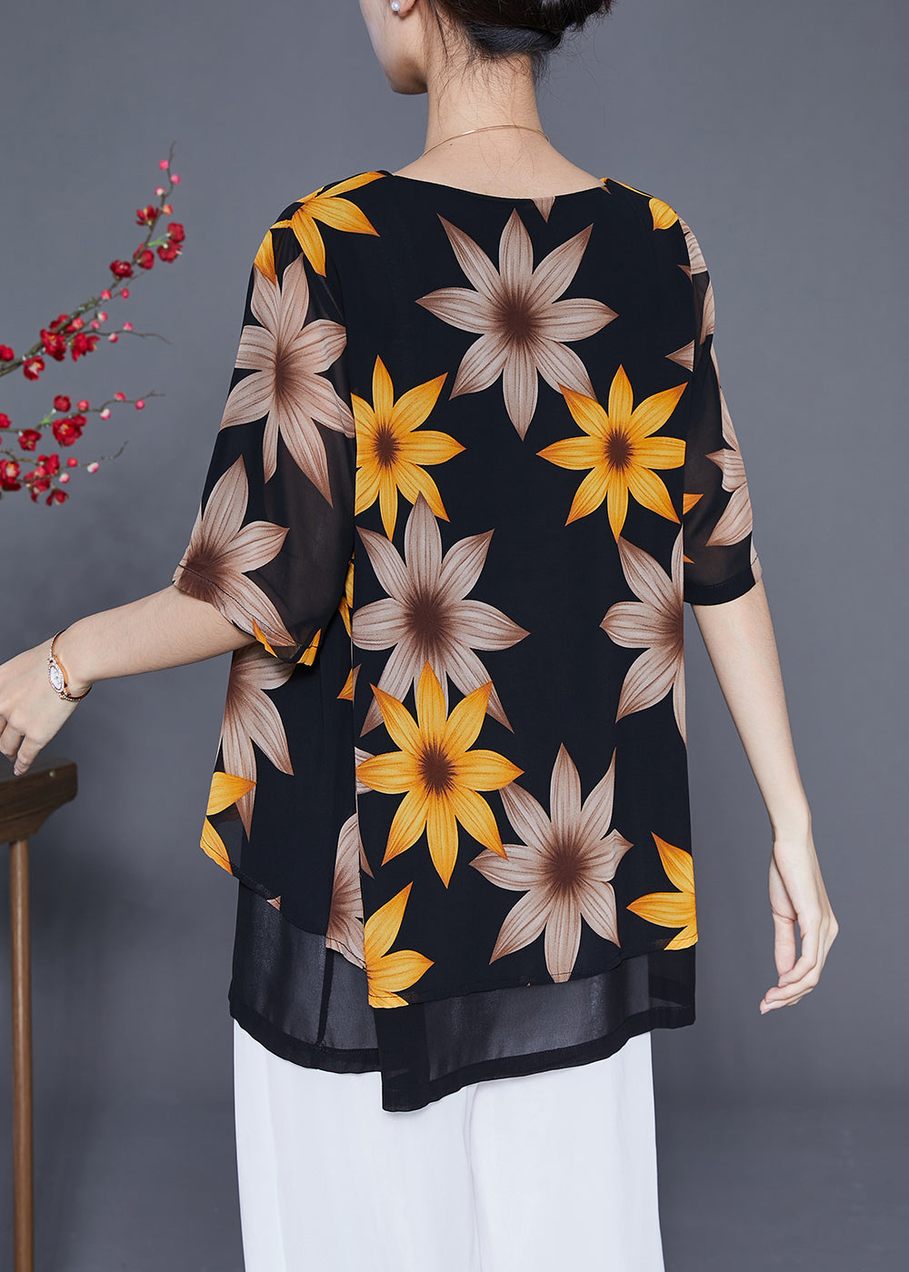 Women Black Print Patchwork Chiffon Fake Two Piece Shirt Tops Summer LY4822 - fabuloryshop