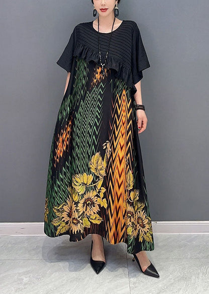 Women Black Print Patchwork Ruffled Silk Dress Summer LY1600 - fabuloryshop