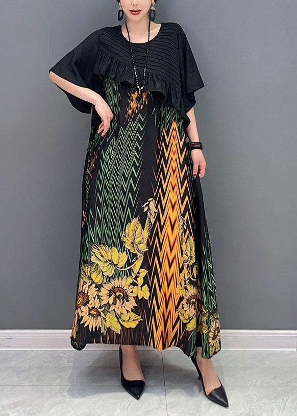 Women Black Print Patchwork Ruffled Silk Dress Summer LY1600 - fabuloryshop