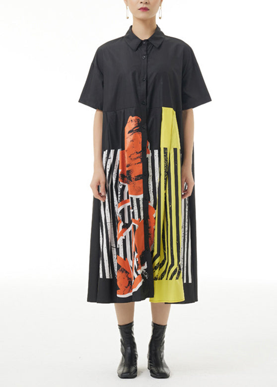Women Black Print Patchwork Striped Cotton Maxi Shirt Dress Summer LY1182 - fabuloryshop