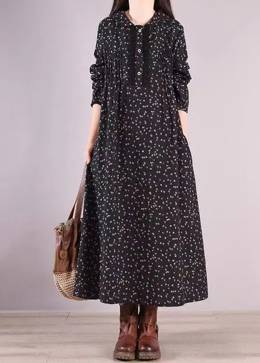 Women Black Print Pockets Wrinkled Patchwork Cotton Long Dresses Fall Ada Fashion