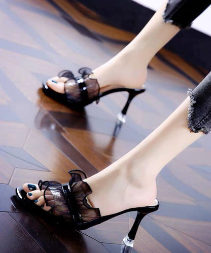 Women Black Ruffles Tulle High Heel Slippers Peep Toe Stiletto Sandals LC0193 - fabuloryshop