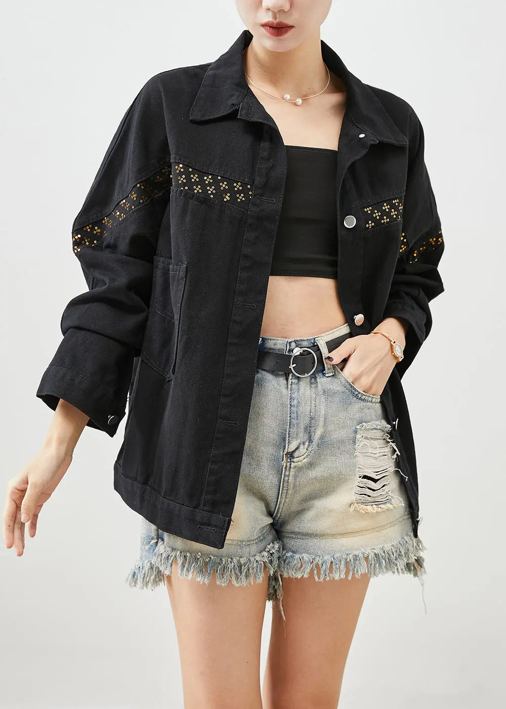 Women Black Sequins Patchwork Denim Coats Fall Ada Fashion