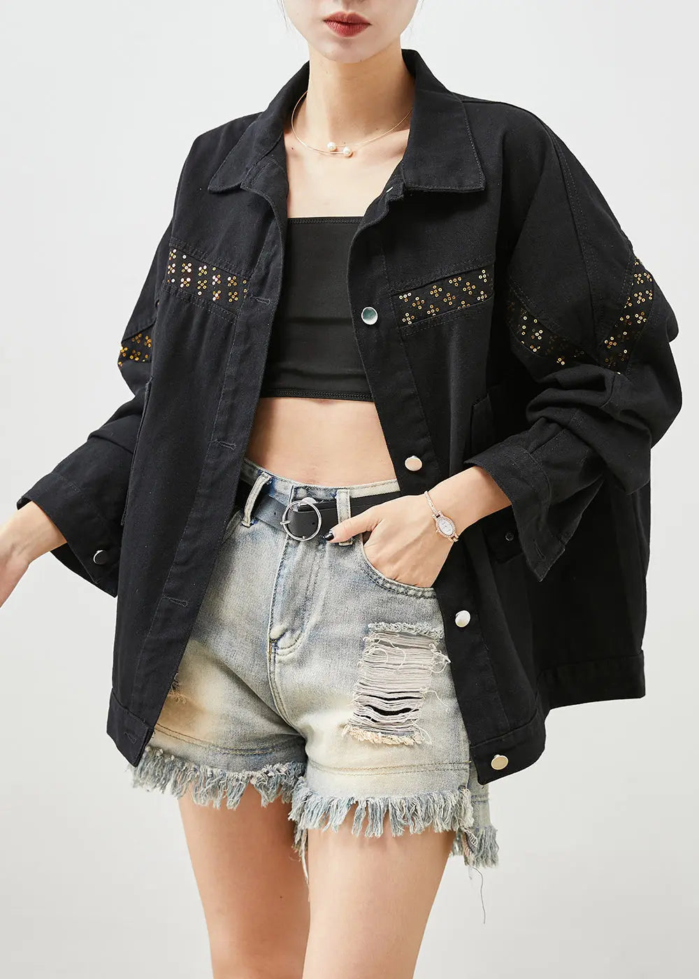 Women Black Sequins Patchwork Denim Coats Fall Ada Fashion