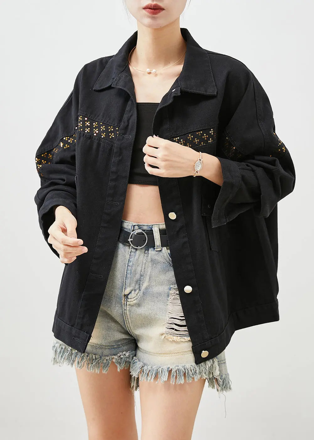 Women Black Sequins Patchwork Denim Coats Fall Ada Fashion