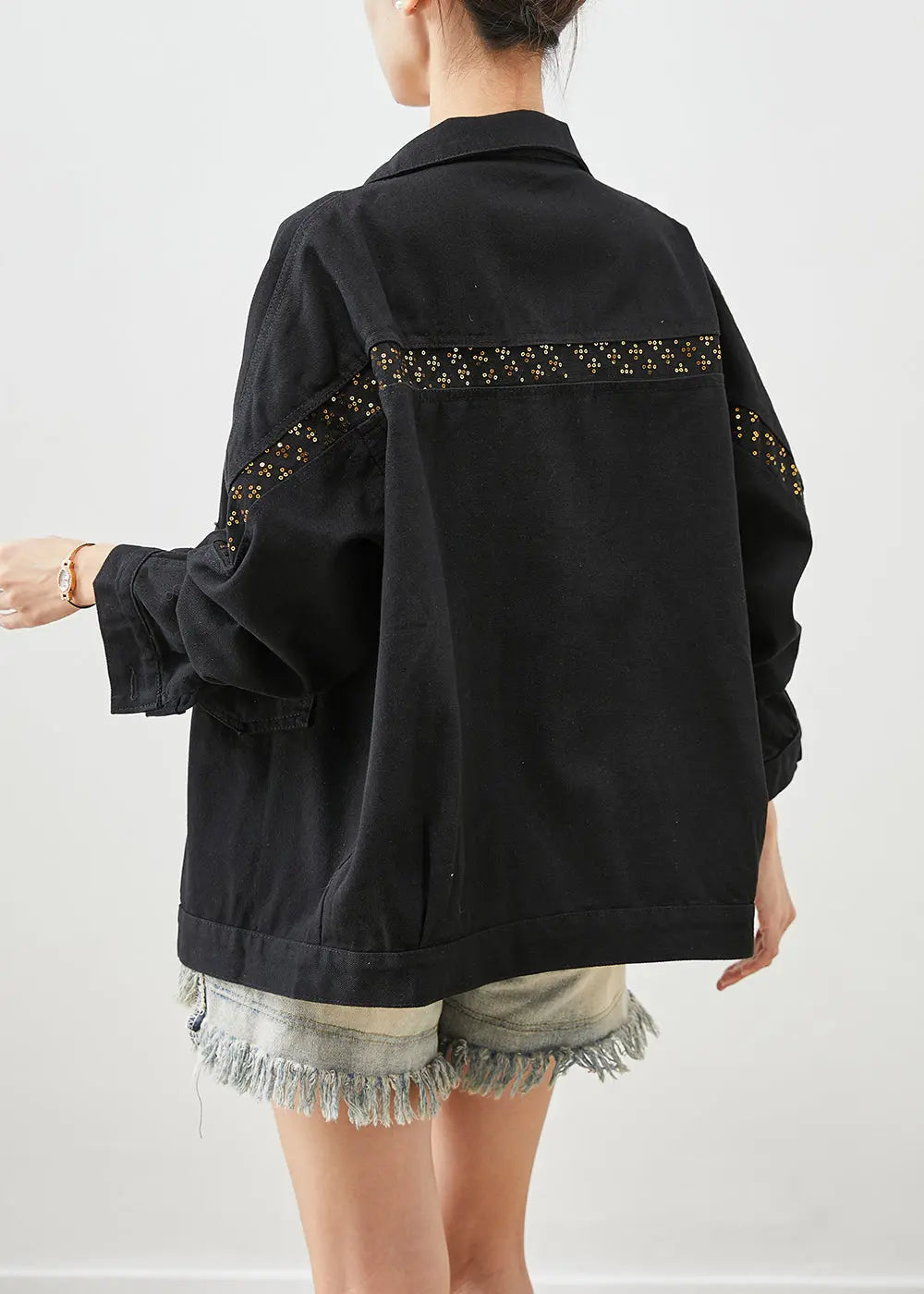 Women Black Sequins Patchwork Denim Coats Fall Ada Fashion