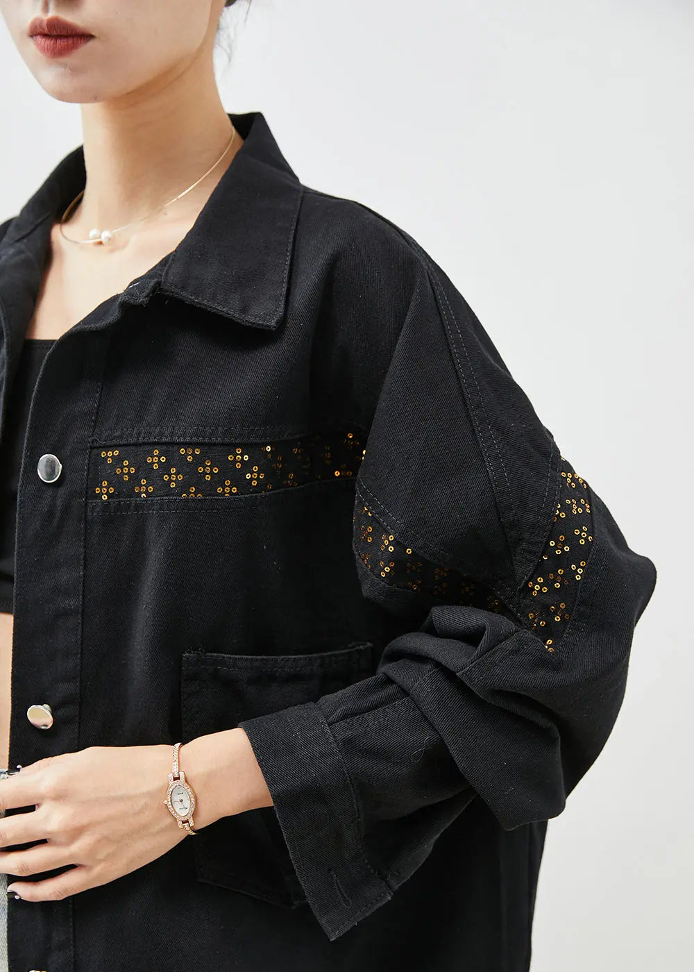 Women Black Sequins Patchwork Denim Coats Fall Ada Fashion