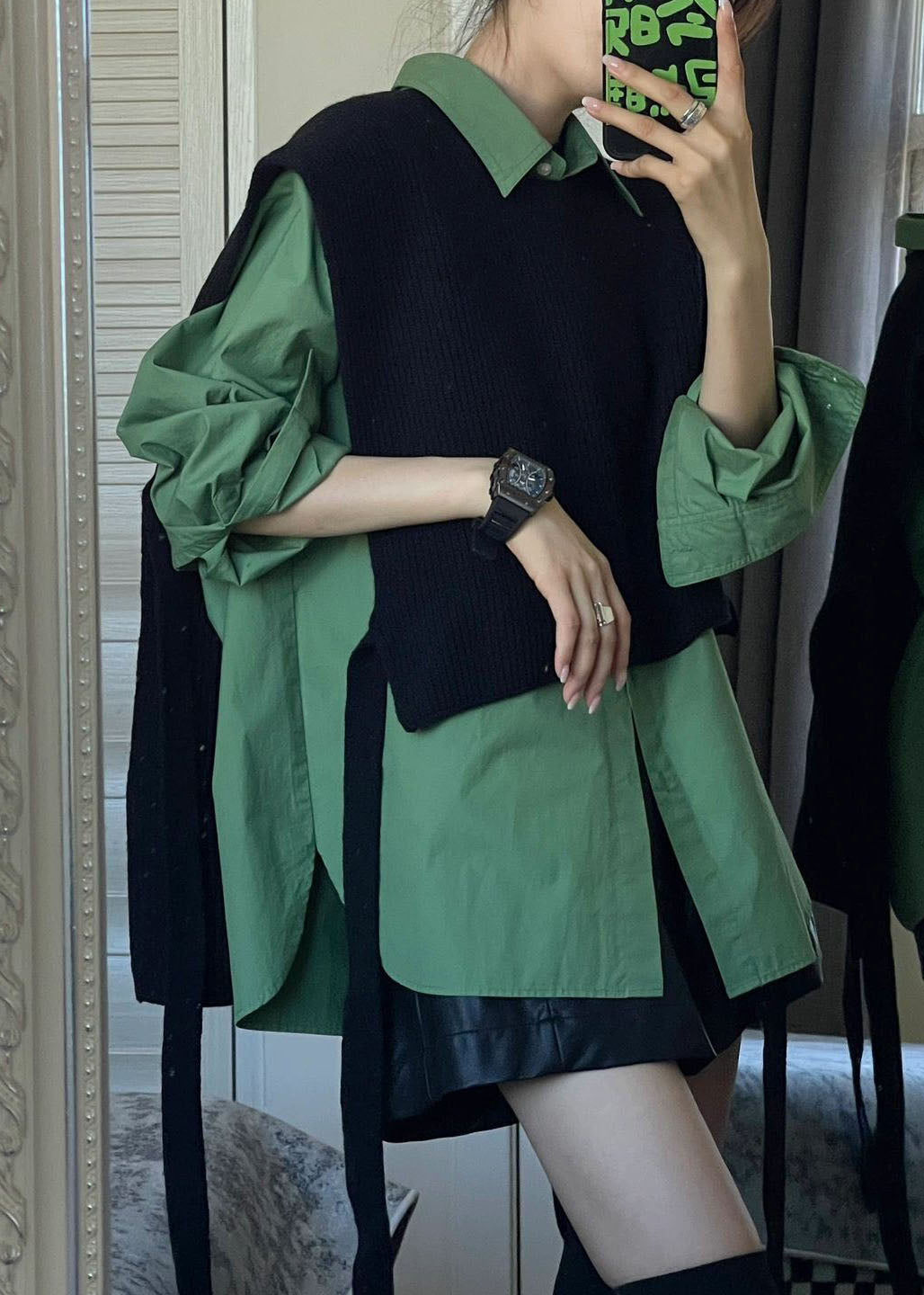 Women Black Shawl Knit Green Shirts Two Pieces Set Long Sleeve Ada Fashion