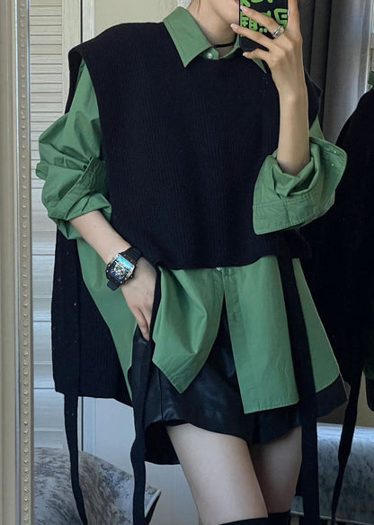 Women Black Shawl Knit Green Shirts Two Pieces Set Long Sleeve Ada Fashion