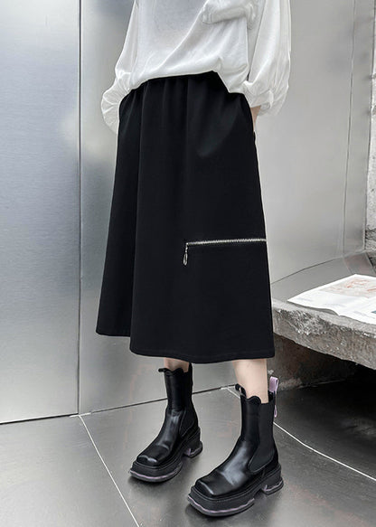 Women Black Side Open High Waist Patchwork Cotton A Line Skirts Fall Ada Fashion