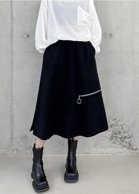 Women Black Side Open High Waist Patchwork Cotton A Line Skirts Fall Ada Fashion