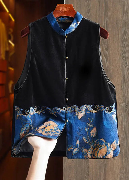 Women Black Stand Collar Embroideried Patchwork Silk Velour Waistcoat Sleeveless Ada Fashion