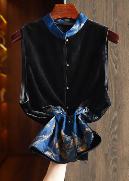 Women Black Stand Collar Embroideried Patchwork Silk Velour Waistcoat Sleeveless Ada Fashion