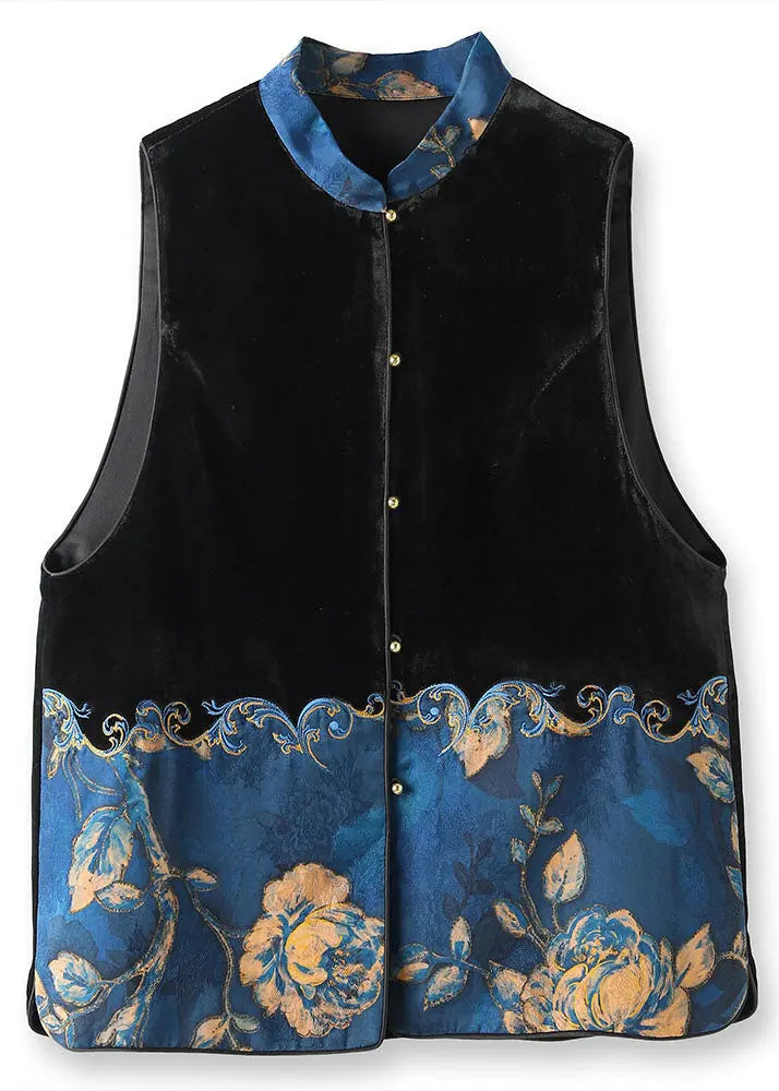 Women Black Stand Collar Embroideried Patchwork Silk Velour Waistcoat Sleeveless Ada Fashion