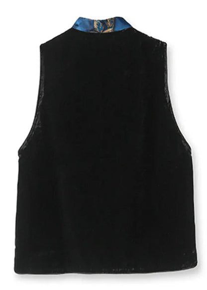 Women Black Stand Collar Embroideried Patchwork Silk Velour Waistcoat Sleeveless Ada Fashion