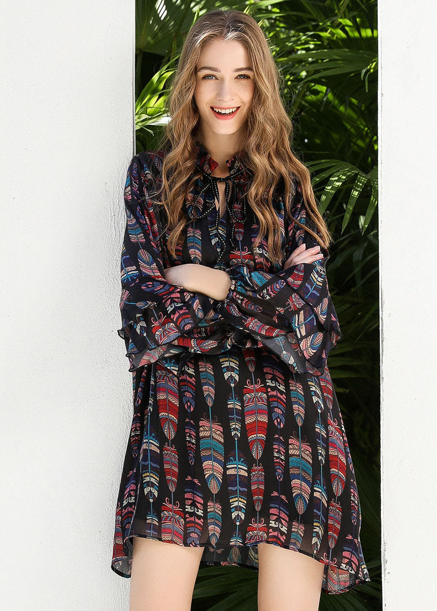 Women Black Stand Collar Lace Up Print Chiffon Dress Butterfly Sleeve LY0251 - fabuloryshop