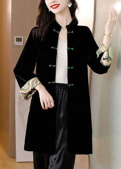 Women Black Stand Collar Patchwork Button Silk Velour Coat Bracelet Sleeve Ada Fashion