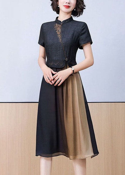 Women Black Stand Collar Patchwork Embroideried Silk Dress Summer LY2226 - fabuloryshop