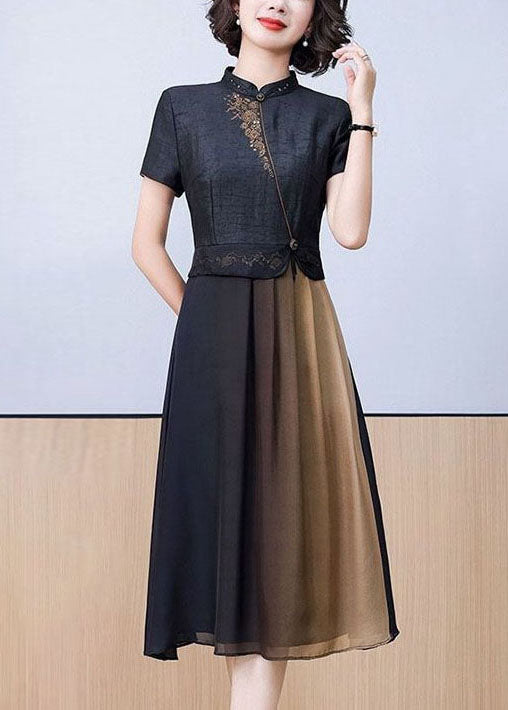 Women Black Stand Collar Patchwork Embroideried Silk Dress Summer LY2226 - fabuloryshop