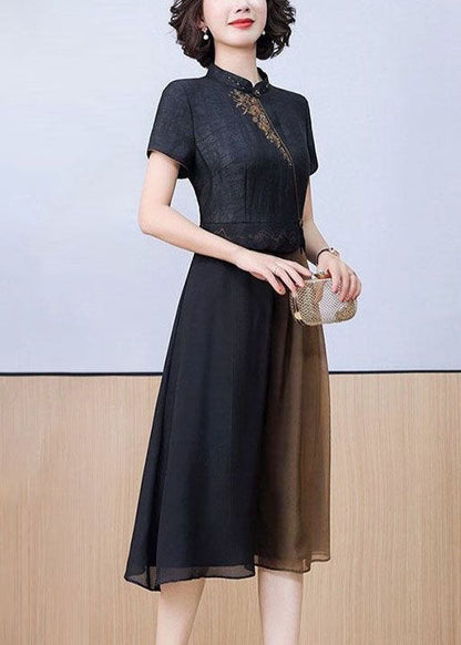 Women Black Stand Collar Patchwork Embroideried Silk Dress Summer LY2226 - fabuloryshop