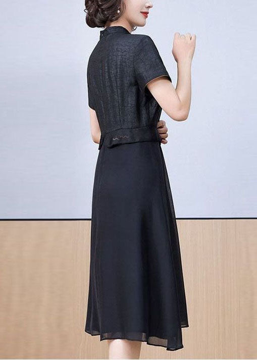 Women Black Stand Collar Patchwork Embroideried Silk Dress Summer LY2226 - fabuloryshop