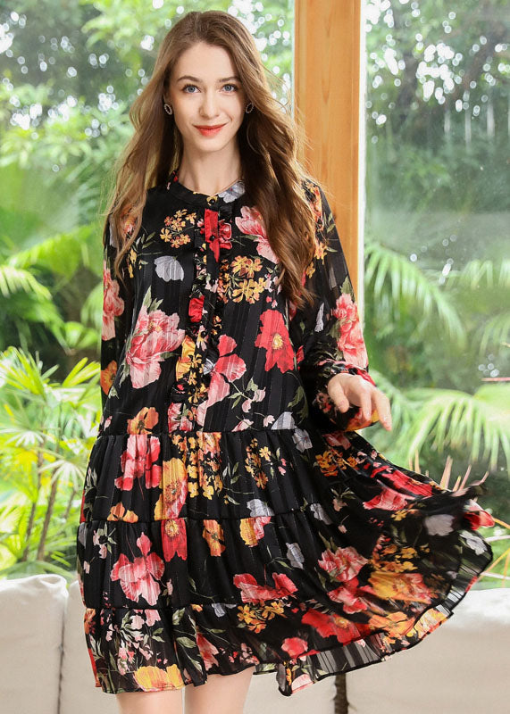 Women Black Stand Collar Patchwork Print Chiffon Pleated Dresses Spring LY0319 - fabuloryshop