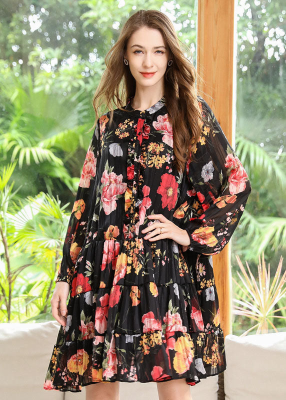 Women Black Stand Collar Patchwork Print Chiffon Pleated Dresses Spring LY0319 - fabuloryshop