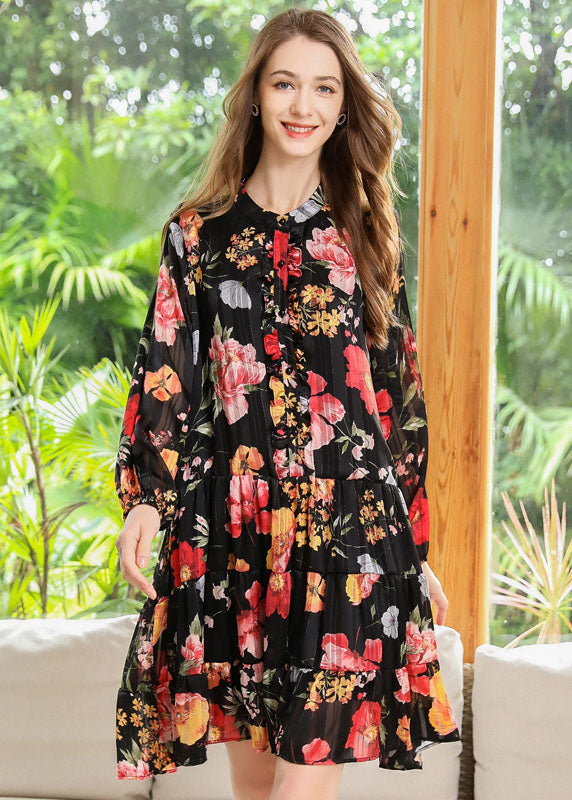 Women Black Stand Collar Patchwork Print Chiffon Pleated Dresses Spring LY0319 - fabuloryshop