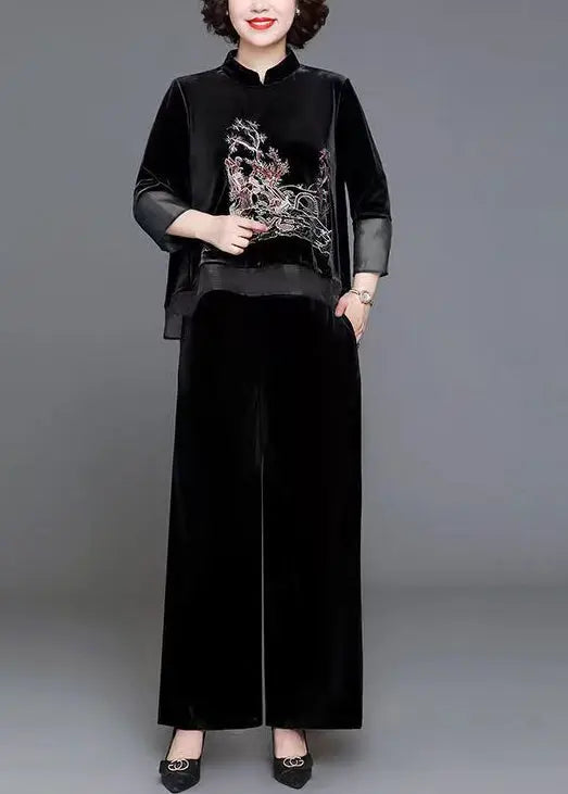 Women Black Stand Collar Patchwork Velour Two Pieces Set Fall Ada Fashion