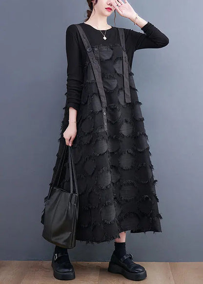 Women Black Tasseled Cotton Holiday Strap Dress Summer Ada Fashion