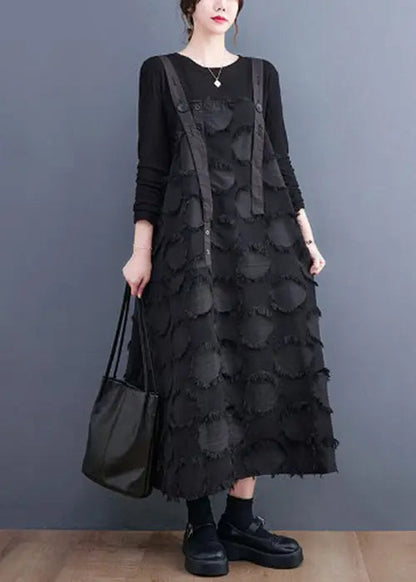 Women Black Tasseled Cotton Holiday Strap Dress Summer Ada Fashion