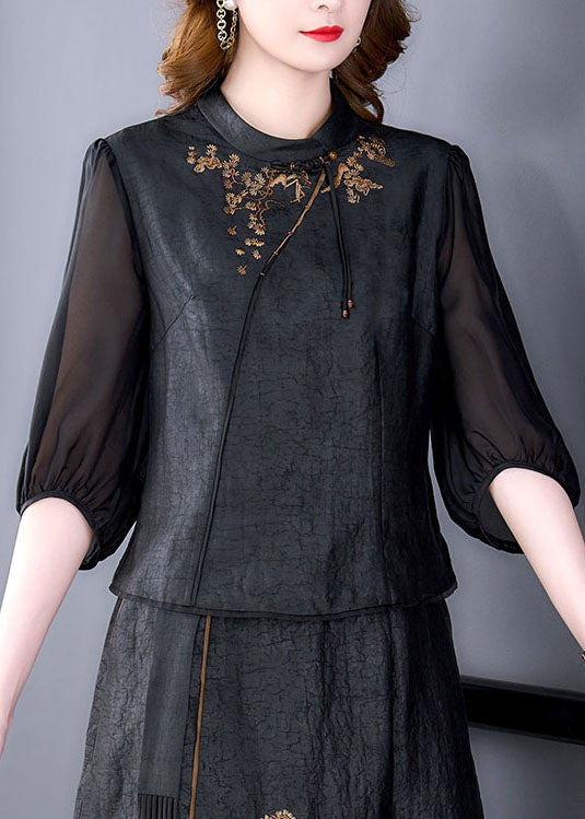 Women Black Tasseled Embroideried Patchwork Silk Top Summer LY5945 Ada Fashion